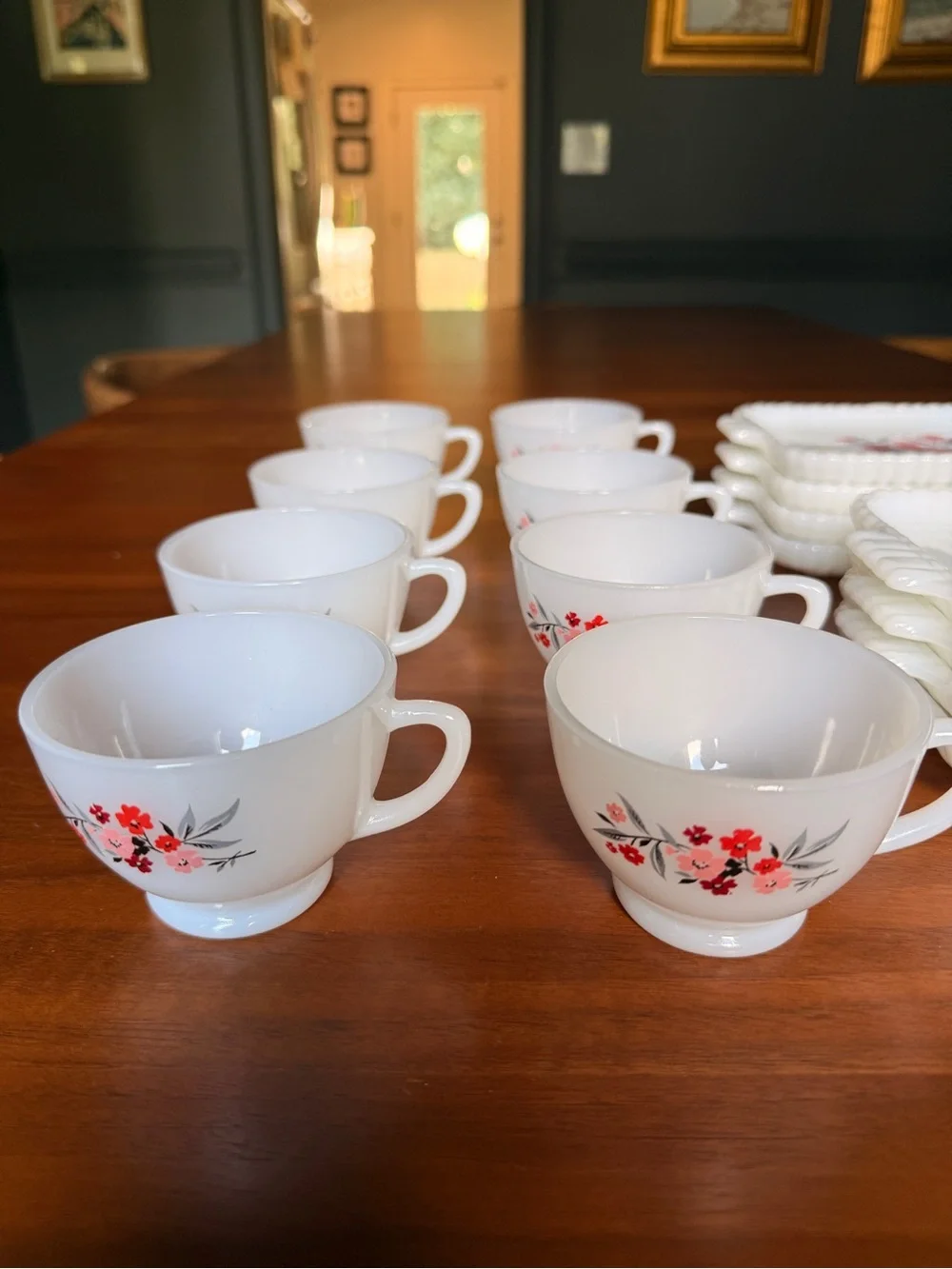 Anchor Hocking White Milk Glass Snack Trays and Cups with Red Floral Pattern